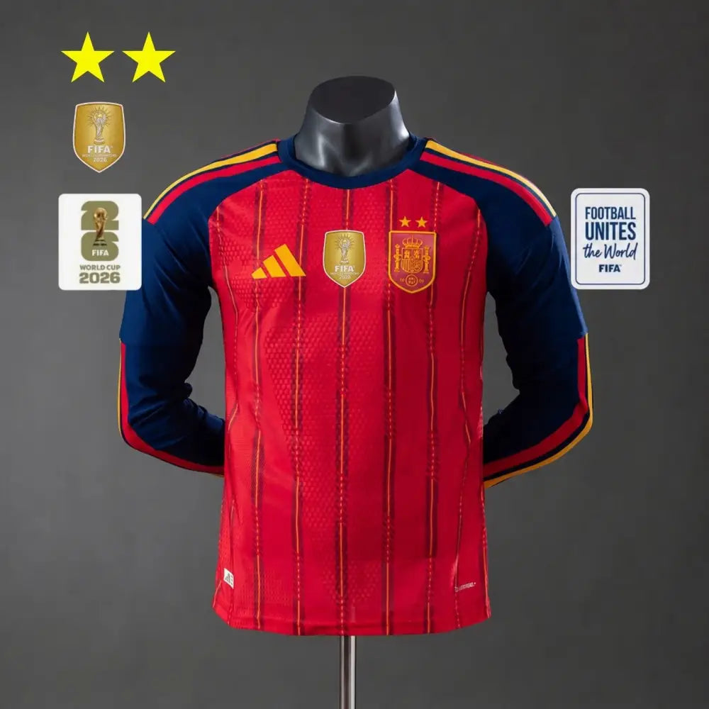 Maillot Espagne Domicile manches longues version joueur Coupe du Monde 2026 2 étoiles Passe D